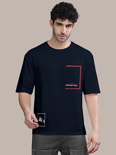 BULLMER Trendy Front Printed Oversized Round Neck T-Shirt for Men - Navy Blue/X-Large 4