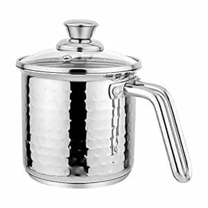 Prabha Stainless Steel Milk Pot With Handle 14cm 1.8 Litre | Hammered Milk Boiler Glass Lid Steam Vent | Tea Container Water Boiling | Coffee/Milk Warmer, Even & Faster Heating | Induction & Gas Stove