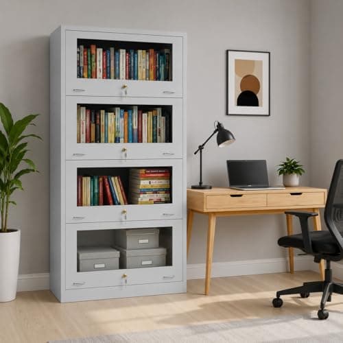 Amazon Brand - Solimo Steel Bookrack, 4 Door Bookshelf with Glass Doors for Home & Office, Metal Book Cabinet for Library, Study Room & Staff Room, Powder Coated (Light Grey)