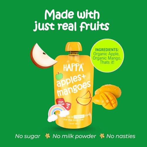 Happa Organic Baby Food Puree Travel Combo | 100% Fruits and Vegetables | No Added Sugar, No Milk Powder, No Preservatives | Stage 2 (6 Months+) | Ready to Eat | Free from Common Allergens | Pack of 4 2