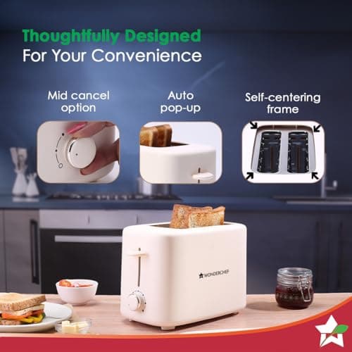 Wonderchef Bellagio 2-Slice Pop-up Toaster with Lid Cover | 800 Watt | 2 Bread Slice | 7- Level Browning Controls|Wide Bread Slots| Auto Shut Off | Easy to Clean| White| 2 Year Warranty 4