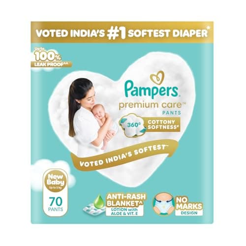 Pampers Premium Care Pant Style Baby Diapers XS 70 Count | No Marks Design | Voted India’s #1 Softest Diaper | All in 1 diaper with 360 Cottony Softness