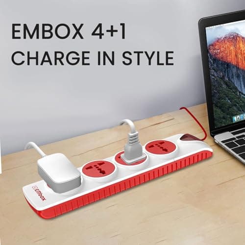 EMBOX Extension Board with Switches 1500 W, 4 Universal Sockets, Master Switch, Safety Shutter, 6 amp Spike Guard, LED Indicator and Safety Shutter, 2 Meter Extension Cord 5