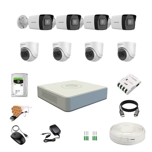 HIKVISION 2MP 1080P 8 Channel DVR, 2MP 4 Dome & 4 Bullet Cameras [Night Vision + EXIR Technology + Motion Detection + HDTVI] + 1 TB HDD + 8 CH SMPS + CCTV Cable + BNC/DC