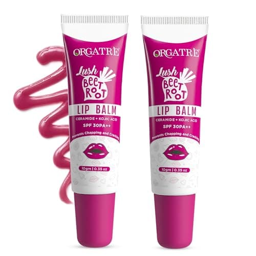 Orgatre Beetroot Lip Balm Tube with Ceramide, Kojic Acid & SPF 30 PA++ | Deep Moisturization & Pigmentation Care | Natural Beetroot Tint | Nourishes, Repairs & Protects Lips | 10ml - Pack of 2