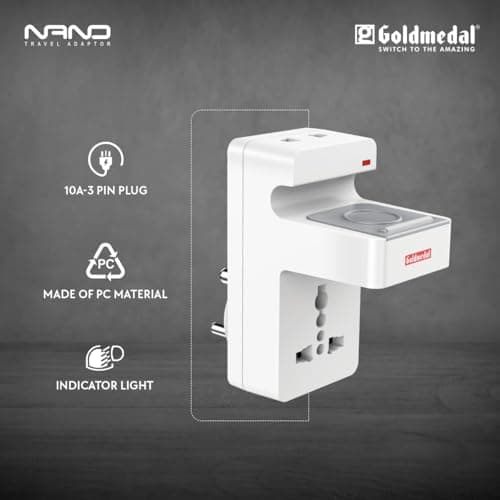 Goldmedal Nano 3 Pin Plug Travel Adaptor with Mobile Stand | LED Indicator | Multiplug for Home & Office | Supports 2-Pin & 3-Pin Plugs (Pack of 1) - White 2