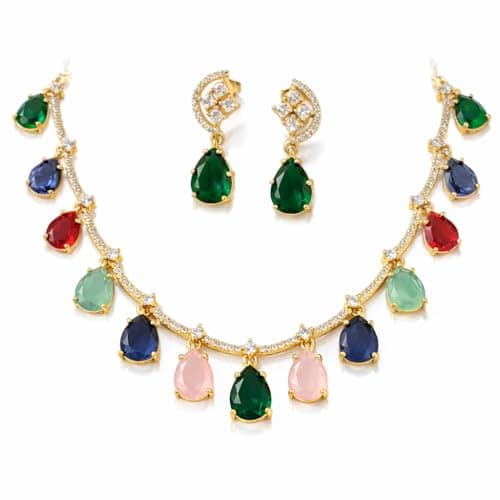 Dvina Glow Multicolor Teardrop Necklace Set for Women | Gold Plated American Diamond Jewelry Set with Earrings | Bridal Wedding & Occasion Wear Jewellery | Festive Traditional Designer Necklace