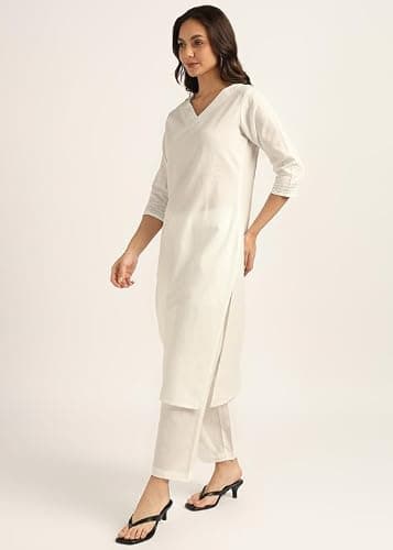 BLOCKS OF INDIA Women Cotton Solid Straight Kurta Set | Hand-Stitched Neck Details with Pintucks | Comfortable Pants with Pockets, Elastic Waist & Drawstring Fit(White XX-Large) 2