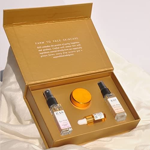 RAS Luxury Oils Glow Boosting Beauties Gift Set | Cleanses, Exfoliates For Pigmentation & Dullness | Face Wash, 24K Gold Face Elixir, Rose Nectar Face Mist & Glow Potion Essence Toner (Minis) | Mother 5
