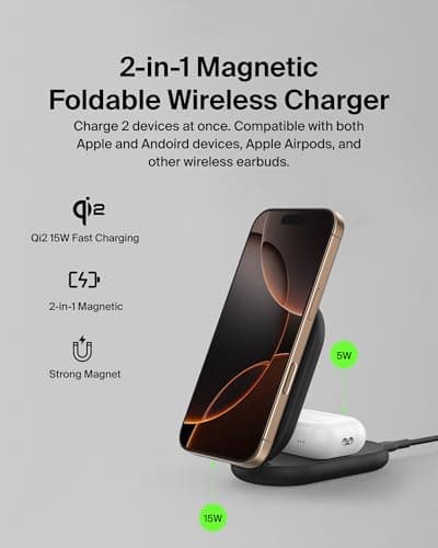 Belkin MagSafe Qi2 Wireless Charger | 2-in-1 Magnetic Foldable 15W | Fast Charger for iPhone 16, 15, 14, 13, 12 | Charging Station with Non-Slip Base | PSU Included | Black 2