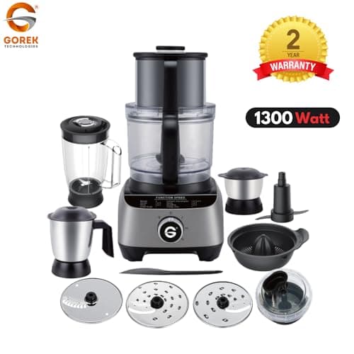 Gorek Technologies 1300W Food Processor with Copper Motor | 13-in-1 Multifunction Mixer Grinder | Premium Design & Finish Stainless Steel Jars, Dough Kneader, Citrus Juicer & Slicing Blades | GT-FP101 5