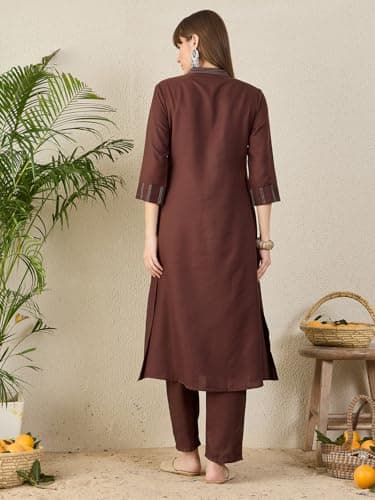 INDO ERA Women's Cotton Blend Solid Self Design A-Line Kurta & Pant Set | Co Ord Set For Women Stylish 4