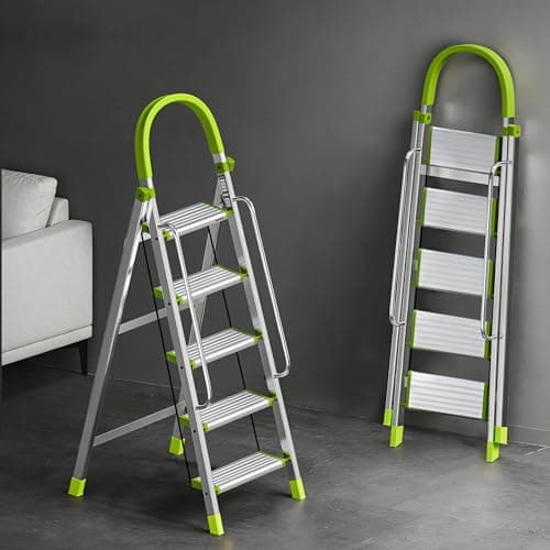 BUILDSKILL Aluminium Ladder for Home 5 Steps | 34x16cm Wide Anti-Slip Aluminium Steps | Stainless Steel Body | Handrails | Load 150 Kg | Foldable Lightweight 5.35KG Ladder for Kitchen, Office & Home
