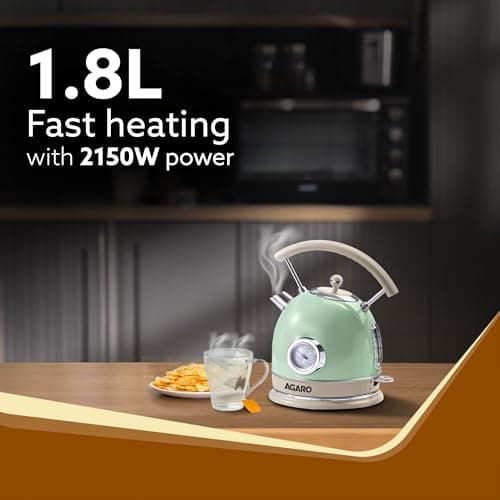 AGARO Regency Vintage Kettle 1.8L with Temperature Gauge, Hot Water Boiler & Tea Heater with Curved Handle, Visible Water Level Line, Led Light, Auto Shut-Off&Boil-Dry Protection,Green 2