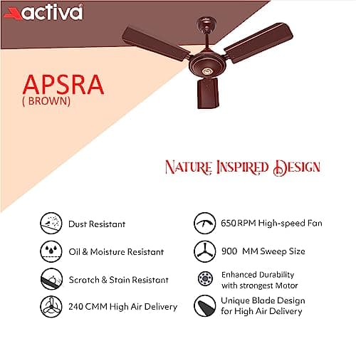 ACTIVA Apsara 900mm Ceiling Fan, 650 RPM High Speed Air Delivery, 3 Wide Tipped Blades, Anti Dust Coating, 60 Watt Motor, 2 Years Warranty (Brown) 2