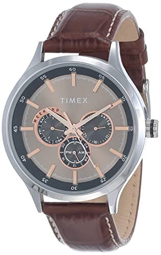 TIMEX Analog Watch for Man with Grey Round Dial & Brown Leather Strap Band Water Resistant Men's Wrist Watches - TW000T309