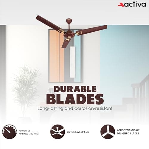 ACTIVA Apsara 1200 mm Ceiling Fan, 390 RPM High-Speed Air Delivery, BEE-Approved One Star Rating50W Copper Winding Motor, 3-Blade Large Sweep, Anti-Dust,Pack of 2, 2-Year Warranty (Deco Brown) 2