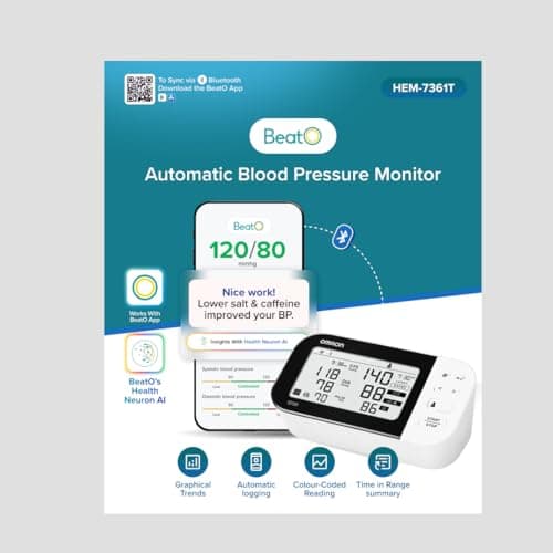 HEM 7361T Bluetooth Arm Blood Pressure Monitor With Cuff Wrapping Guide,Hypertension Indicator,Japanese Intellisense Technology Powered by BeatO App 2