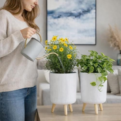 LEAWALL Modern White Flower Pot with Stand | Large Indoor Outdoor Planter for Home Garden Balcony Living Room | Italian Ribbed Design Tall Decorative Plastic Plant Pots with Legs (White, 1) 4