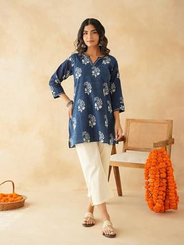 GOODHAND Cotton Short Kantha Kurti Elegant Hand Block Print for Comfortable Daily & Office Wear, Stylish and Versatile for Women Indigo 2