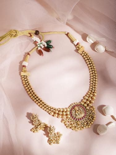 Rubans 22KT Gold Plated Brass Red Stone Studded Lakshmi Motif Temple Necklace Set For Women 4