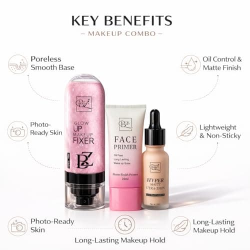 Beauzy Professional Glow Up Makeup Fixer Combo with Photo Face Primer 20ml & Hyper Matte Ultra-Thin Foundation 20ml | Long-Lasting Matte Finish | Oil-Free Makeup Combo for All Skin Types (Pink) 2