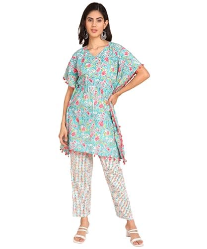 BLOCKS OF INDIA Coords Set in Pure Cotton Kaftan Style Hand Block Print Co Ord Set for Women (X-Large, Turquoise)