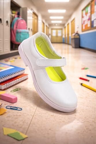 LUXEZA Girls Ballerina School Shoes | Black & White Uniform Shoes | Adjustable Hook & Loop Velcroo Closure | Memory Foam Cushion & Anti-Bacterial Technology | Lightweight, Comfortable, Durable & Anti- 2
