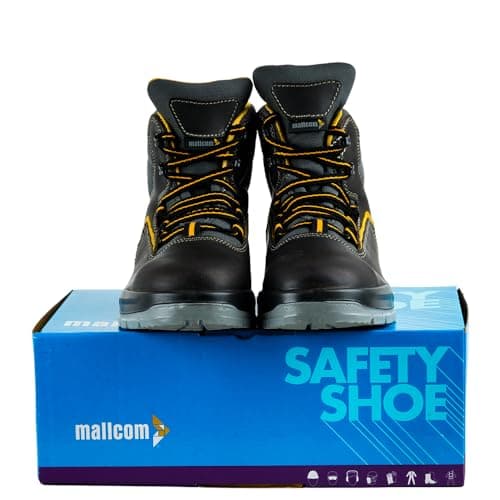 Mallcom Ontilla Black Safety Shoes for Men, Brown Nubuck Suede Leather, High Ankle Safety Boot With Steel Toe, Injected Double Density PU Sole, Light Weight, Comfort and Slip Resistance, 7UK 5