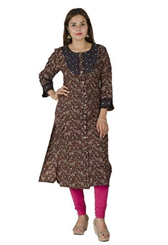 Tribes India Women's Cotton Straight Kurta (1STXWOMRJ05722_A_S_Maroon & Black_Small)