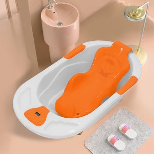 StarAndDaisy Baby Bath tub for 0 to 5 Years with Temperature Sensor/Bath tub for Kids 0-3 Years for Kids with Anti-Slip Legs/Bath tub for Baby with Baby Bather Without Wheel(White-Orange)