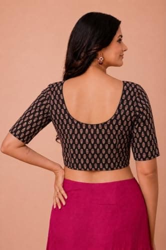 Amazon Brand - Anarva Women's Premium Cotton Leaf Print Strechable Readymade Saree Blouse | U-Neck Ethnic Wear for Festive and Party Look | Katori Cut Pattern (Cup-Blouse-Motif-Black-l) 4