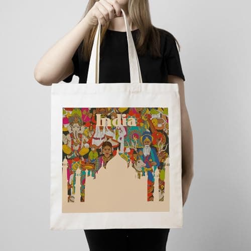 THE QUIRKY HOME Tote Bag for Women with zip, Aesthetic Canvas tote bag for college girls, office, stylish and reusable - India Theme - D No - 223 3