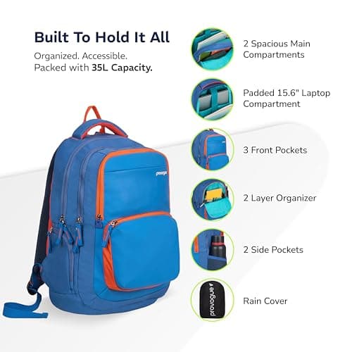 Provogue Pacer Smart laptop backpack with built-in rain cover, office backpack, travel bag, laptop bag for men and women with bottle holder and side pocket, with laptop sleeve, Denim Blue, 35 Ltr 3