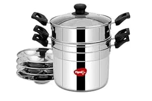 Pigeon All in One Multipurpose 4.5 liter Cookpot with Glass Lid Included Steamer and Strainer for Easy Cooking, Heavy Gauge Stainless Steel Idly Plates Inside, 4 Cavity (16 Idlies)|Induction and Gas S