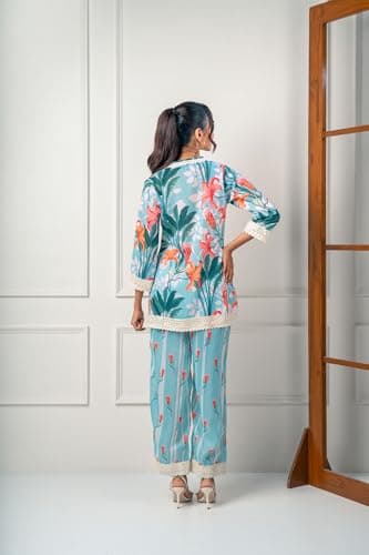 India Circus by Krsnaa Mehata Blue Floral Floats Co-Ord Set Size 36 for Women Stylish Kurta Set Ethnic Printed Co-Ord Set 4