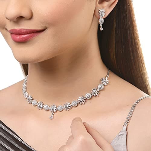 ZENEME Rhodium Plated Silver Toned White American Diamond Studded Necklace With Earring Jewellery Set For Women and Girl (White) 4