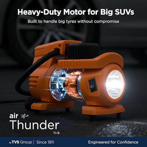 myTVS Air Thunder Tyre Inflator for Car and Bike with LED Torch (150 PSI, Analog Meter, Metal Body, 3m Cord) | Air Pump for Car Tyre Inflator Pump TI-9, 1+1 Years Warranty 3