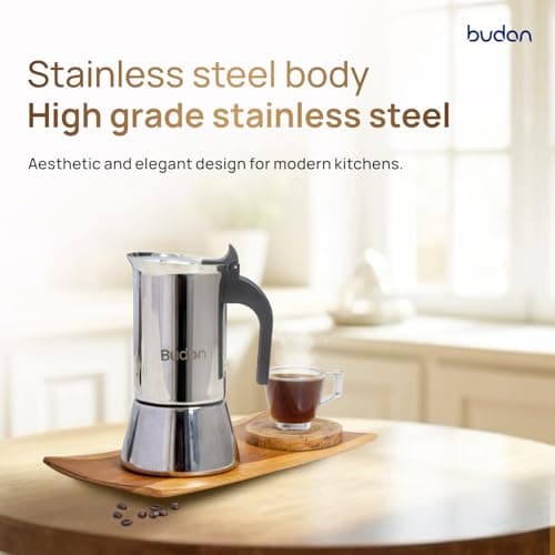 Budan Induction Moka Pot 6 Cup Stainless Steel Espresso Maker | Stovetop & Induction Compatible | Durable Steel Body | Brews 4-6 Cups | Espresso, Americano & More (180ml) 3
