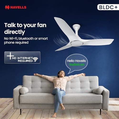 Havells 1200mm Stealth Air BLDC Ceiling Fan | Voice Controlled, Remote Controlled, High Air Delivery Fan, 5 Star Rated | Upto 60% Energy Saving, 2 Year Warranty | (Pack of 1, Pearl White) 3