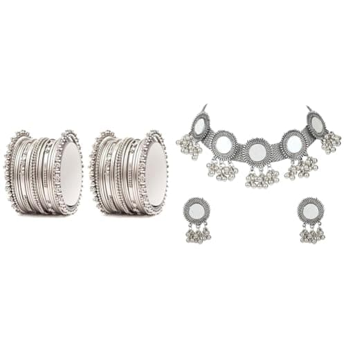 Shining Diva Fashion Women's Oxidised Traditional Bangles (Silver) (10780B_2.6) Oxidised Silver Tribal Choker Necklace Jewellery Set (12162S)