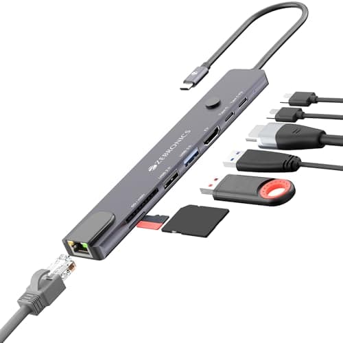 Zebronics 8-in-1 Type-C Multiport Hub, 100W PD Support, 5Gbps Data Transfer, HDMI 1.4 (4K@30Hz) with On/Off Button, USB, SD, mSD, RJ45, Metal Body, LED Display (CT81 Plus)