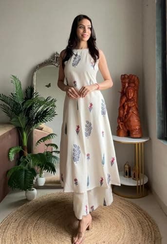 Klosia Women Pure Cotton Kurta Palazzo Set | Sleeveless Printed Kurta with Palazzo Pants | Summer Friendly, Office Wear Co-Ord Set White 3