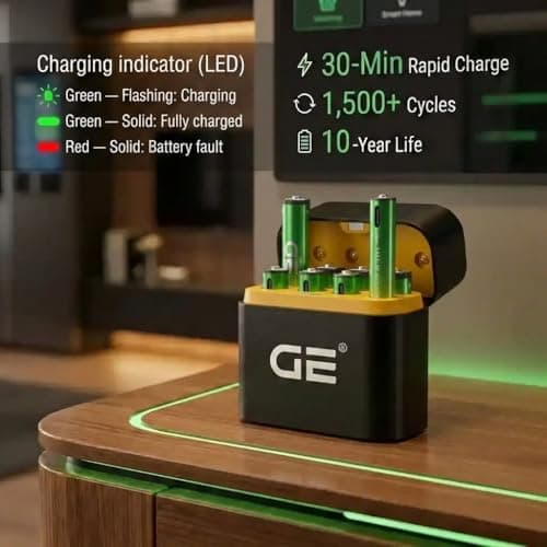 GE® AA AAA Rechargeable Batteries (Lithium 1.5V - 2500 mWh & 600 mWh) - New Launch in 2026 | Fast Charge Mode (Direct USB‑C + Wireless) | Pack of 8 Batteries | 10 Years of Life and 1,500+ recharges 3