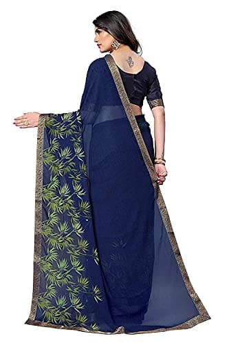 RAJESHWAR FASHION WITH RF Women's Floral Printed Georgette Sarees For Women Jacquard Border & (Mehindi Blue) 4