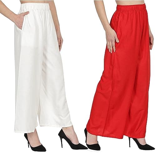 BUBLEE Rayon Plazo Pants for Women & Girls Regular Fit Plazo Combo Set of 2 - White & Red 3
