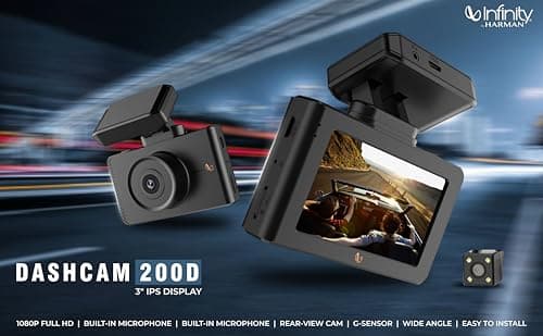 Infinity By Harman Dashcam 200D Dual HD Car Camera | 1080p Full HD Video & 3" IPS Display | Includes Rear-View Cam,| Built-in Microphone| Loop Recording, Supports SD Card (Black) 5