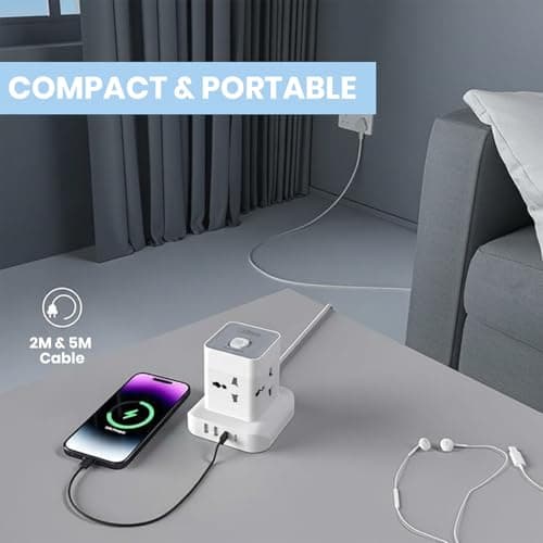 EMBOX Cube Extension Board with USB Type C | 2500W Extension Board with Switches | Extension Cord with 4 Universal Sockets Safety Shutter & Overload Protector (Power Hub - 5mtr) 5
