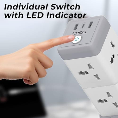 EMBOX 11 in 1 Cube Extension Board with USB Type C (2.4 A) (QC 3.0) | 2500W Extension Board with Switches | Extension Cord with 8 Universal Sockets Safety Shutter & Overload Protector, 2 Meter 4