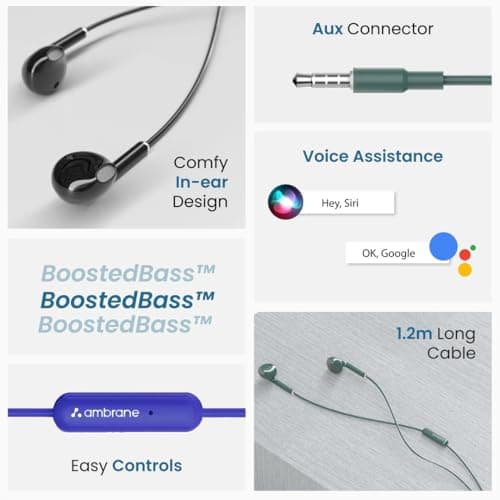 Ambrane Wired Headphones in Earphones with in-Line Mic for Clear Calling, 14Mm Dynamic Drivers for Boostedbass, 3.5Mm Jack, Multi-Functional Controller (Stringz 38 Lite, Blue) 2